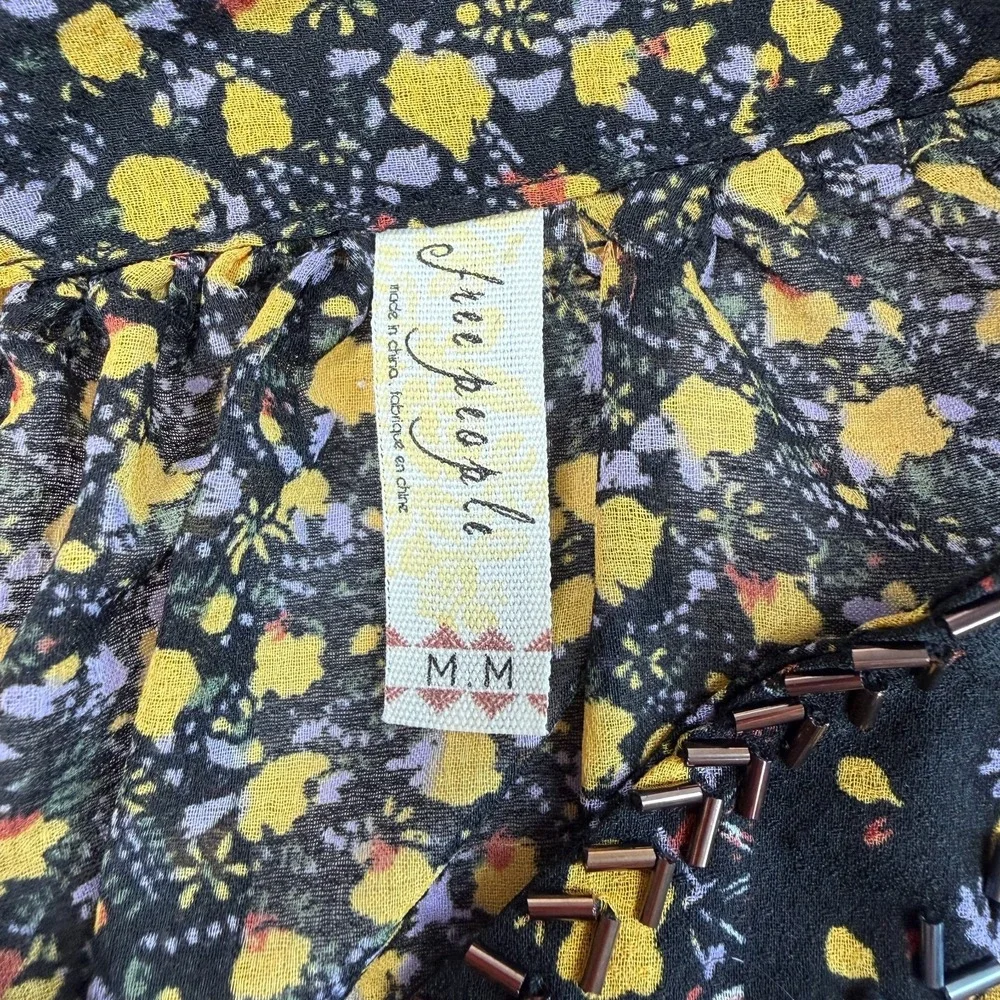 Free People Womens Sheer Floral Beaded Peplum Top Sz M Black Yellow Boho Cottage